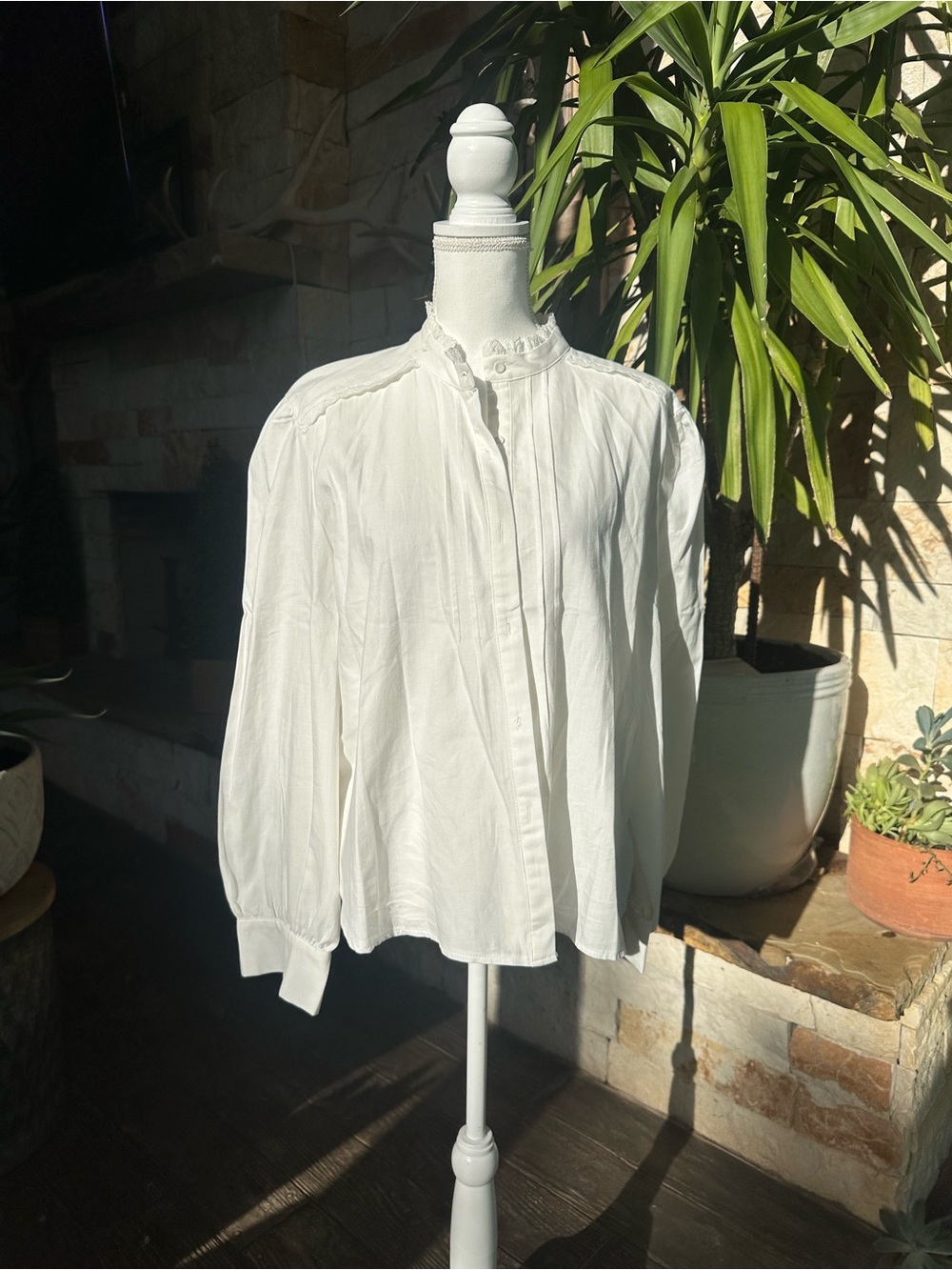 Women’s White Victorian-Inspired Ruffle Neck Button Front Blouse